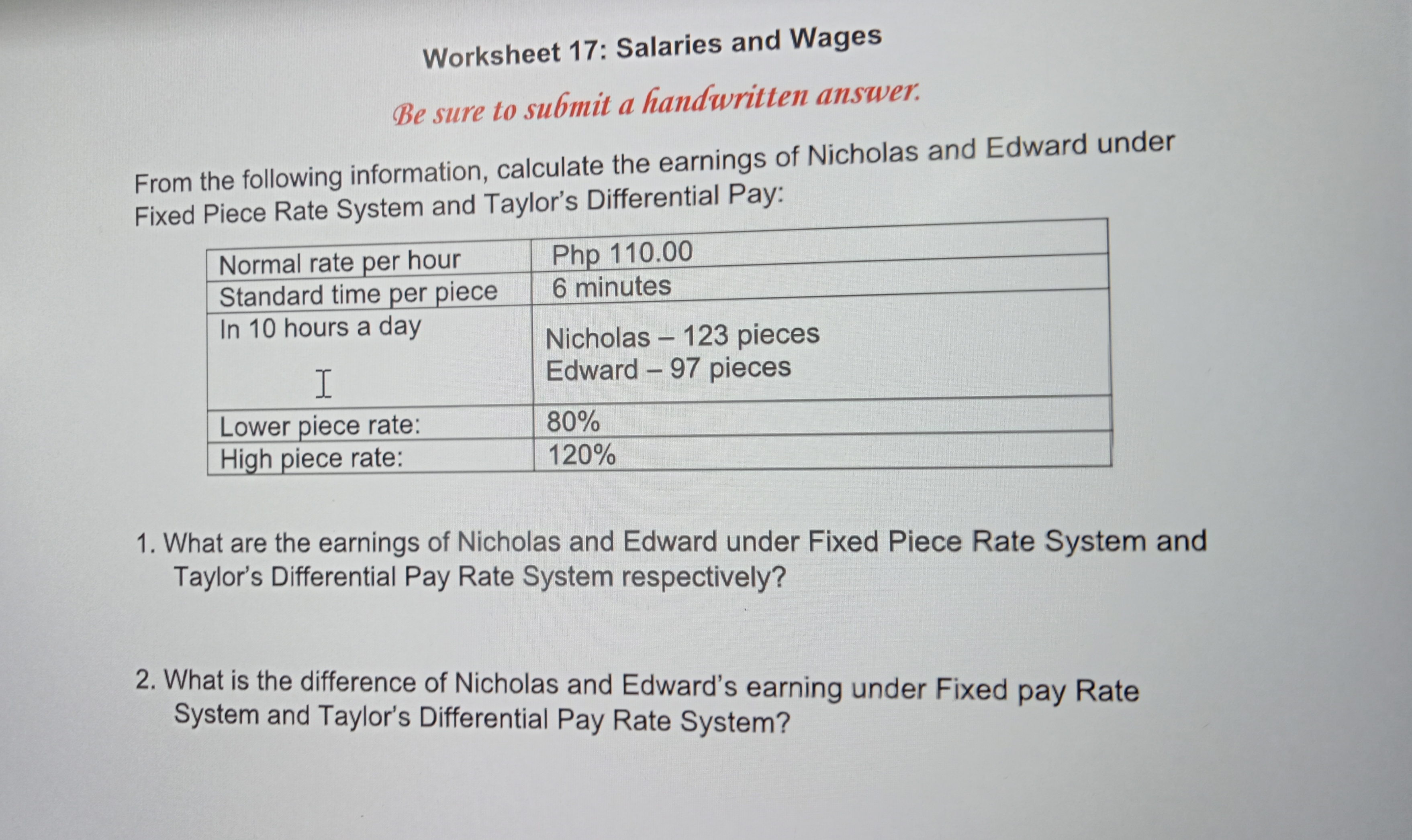 Worksheet 17: Salaries and Wages
Be sure to submit a handwritten answer.
From the following information, calculate the earnings of Nicholas and Edward under Fixed Piece Rate System and Taylor's Differential Pay:

Normal rate per hour     Php 110.00 

Standard time per piece     6 minutes 

In 10 hours a day     Nicholas -123 pieces Edward -97 pieces 

Lower piece rate:     80 % 

High piece rate:     120 % 


1. What are the earnings of Nicholas and Edward under Fixed Piece Rate System and Taylor's Differential Pay Rate System respectively?
2. What is the difference of Nicholas and Edward's earning under Fixed pay Rate System and Taylor's Differential Pay Rate System?