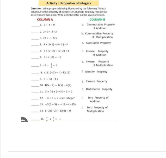 SOLVED: Activity: Properties of Integers Direction: What property is ...