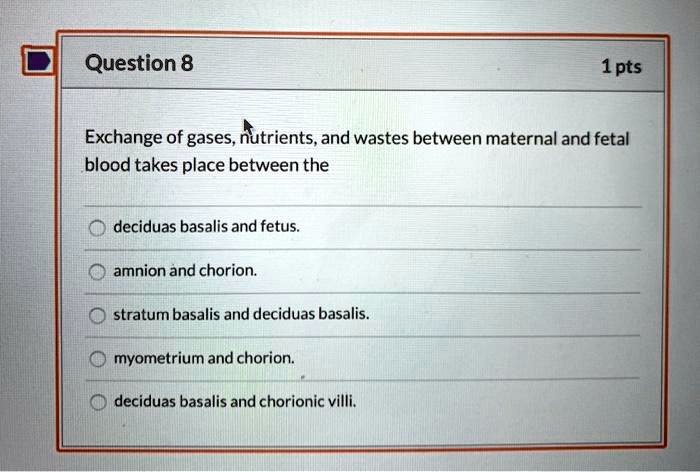 Exchange of gases, nutrients, and wastes between maternal and fetal blood takes place between the

deciduas basalis and fetus.
amnion and chorion.
stratum basalis and deciduas basalis.
myometrium and chorion.
deciduas basalis and chorionic villi.