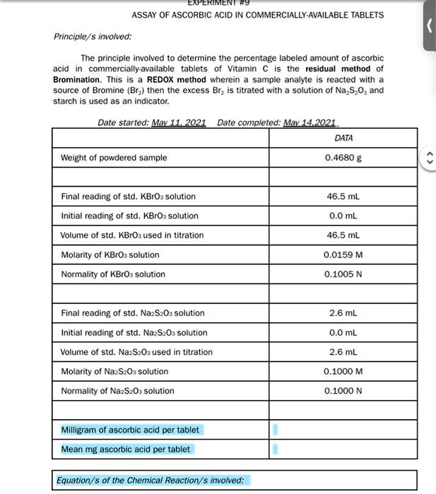 SOLVED Title Assay of Ascorbic Acid in CommerciallyAvailable Tablets Principle/ involved The