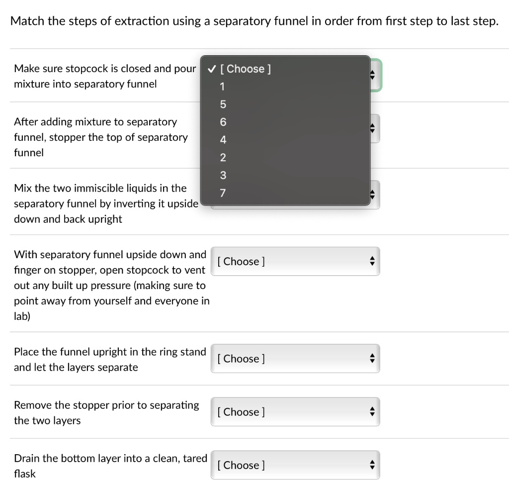 SOLVED Match the steps of extraction using a separatory funnel in