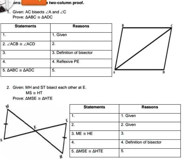 ons: e two-column proof. 1. Given: AC bisects ?A and ?C Prove: ?ABC ...