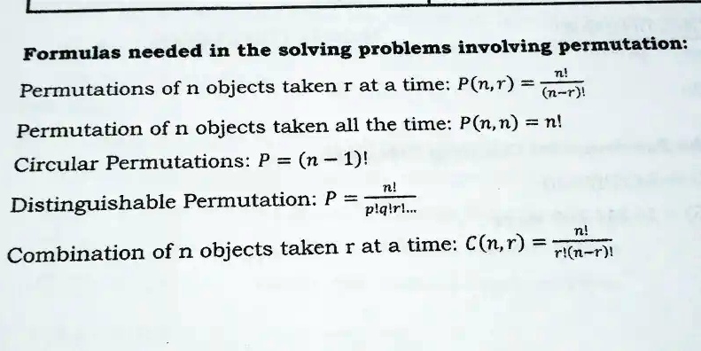SOLVED: Formulas needed in solving problems involving permutation ...
