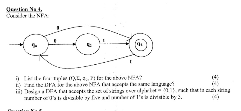 qucstion no 4 consider the nfa 4o list the four tuples q2 q f for the ...