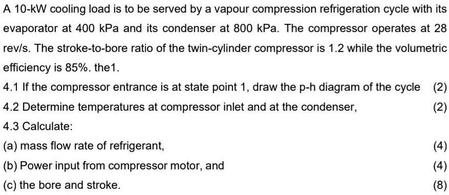 SOLVED: A 10-kW cooling load is to be served by a vapour compression ...