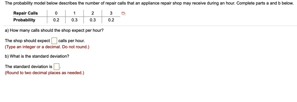 The probability model below describes the number of repair calls that an appliance repair shop may receive during an hour. Complete parts a and b below.

Repair Calls	0	1	2	3
Probability	0.2	0.3	0.3	0.2

a) How many calls should the shop expect per hour?

The shop should expect [ ] calls per hour.
(Type an integer or a decimal. Do not round.)

b) What is the standard deviation?

The standard deviation is [ ].
(Round to two decimal places as needed.)
