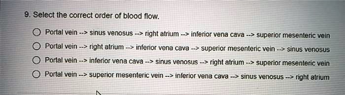 9. Select the correct order of blood flow.

Portal vein –> sinus venosus –> right atrium –> inferior vena cava –> superior mesenteric vein
Portal vein –> right atrium –> inferior vena cava –> superior mesenteric vein –> sinus venosus
Portal vein –> inferior vena cava –> sinus venosus –> right atrium –> superior mesenteric vein
Portal vein –> superior mesenteric vein –> inferior vena cava –> sinus venosus –> right atrium