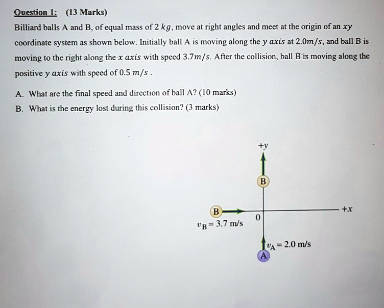 SOLVED Billiard balls A and B, of equal mass of 2 kg, move at right angles and meet at the