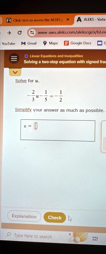 Solve for u.

    -(2)/(3)u - (1)/(5) = -(1)/(2)
Simplify your answer as much as possible.
u =