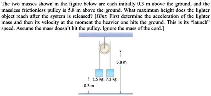 The two masses shown in the figure below are each initially 0.3 m above the ground, and the massless frictionless pulley is 5.8 m above the ground. What maximum height does the lighter object reach after the system is released? [Hint: First determine the acceleration of the lighter mass and then its velocity at the moment the heavier one hits the ground. This is its "launch" speed. Assume the mass doesn't hit the pulley. Ignore the mass of the cord.]