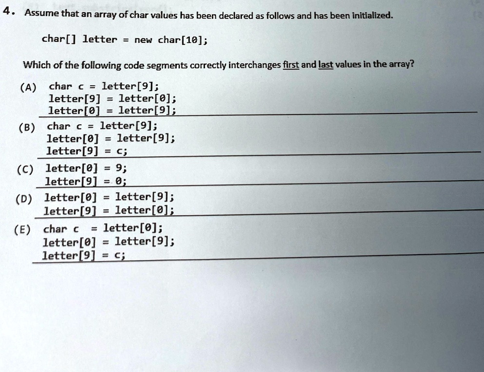 Solved assume that an array of char values has been declared as