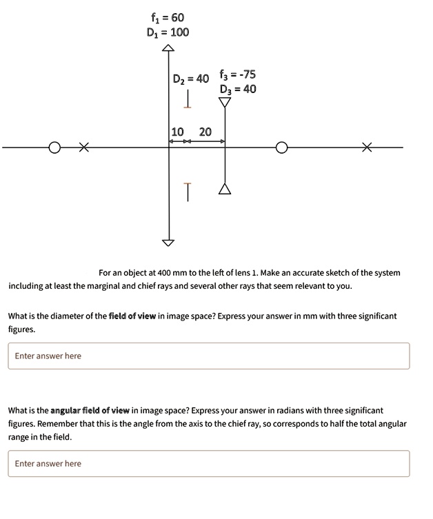 f1 60 d1 100 d2 40 f3 75 d3 40 10 20 for an object at 400 mm to the left of lens 1 make an accurate sketch of the system including at least the marginal and chief rays and several other 86476