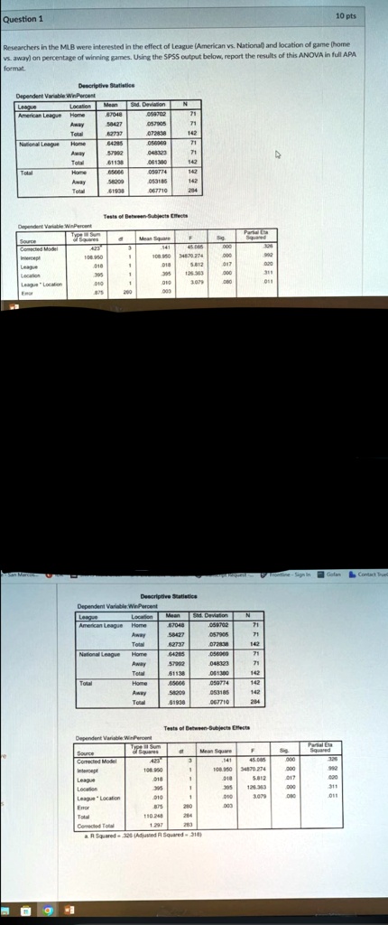 question 1 10 pts researchers in the mlb were interested in the effect of league american vs national and location of game home vs away on percentage of winning games using the spss output b 88665