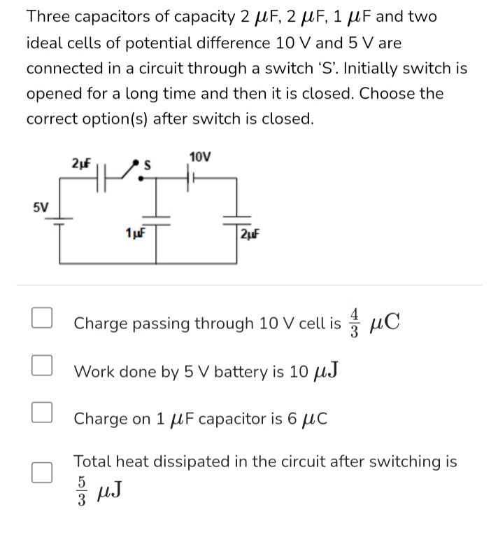 SOLVED: Three capacitors of capacity 2 μF, 2 μF, 1 μF and two ideal ...
