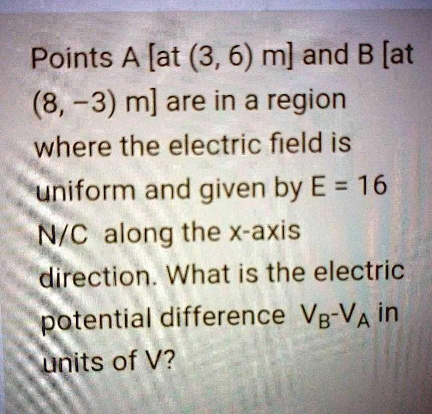 Points A [at (3, 6) m] and B [at (8, -3) m] are in a region where the ...