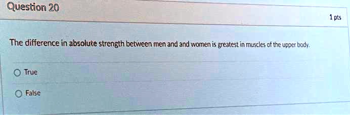 The difference in absolute strength between men and and women is greatest in muscles of the upper body.

True

False
