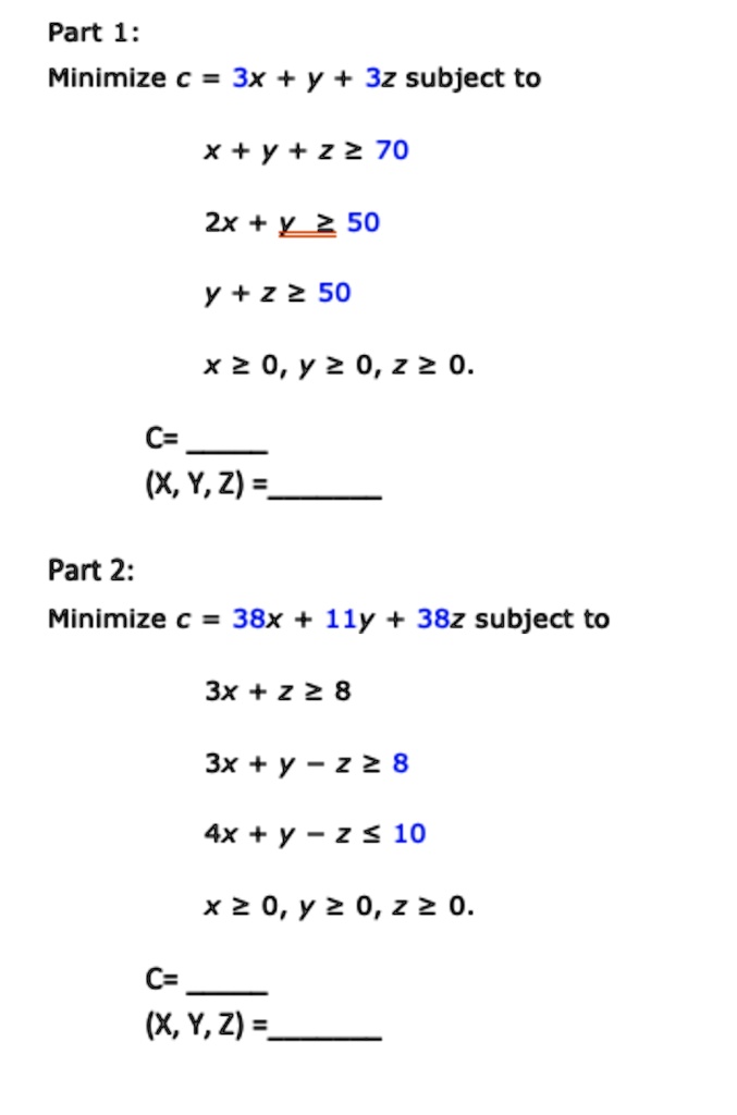 Solved Part 1 Minimize A 3x Y 32 Subject To X Y 2 2 70 2x Y 50 Y 2 2 50 X2 0 Y 2 0 2 2 0