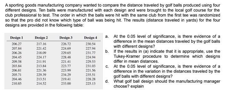 use excel spreadsheet and anova different designs ten balls were manufactured with each design and were brought to the local golf course for the club professional to test the order in which 25914