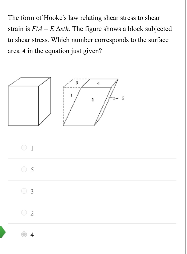 The form of Hooke's law relating shear stress to shear strain is F/A = E Delta s/h. The figure shows a block subjected to shear stress. Which number corresponds to the surface area A in the equation just given?