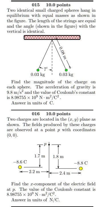 SOLVED: 015 10.0 Points Two Identical Small Charged Spheres Hang In ...