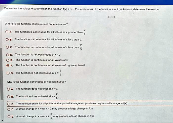 Determine the values of x for which the function fx=5x2 is continuous