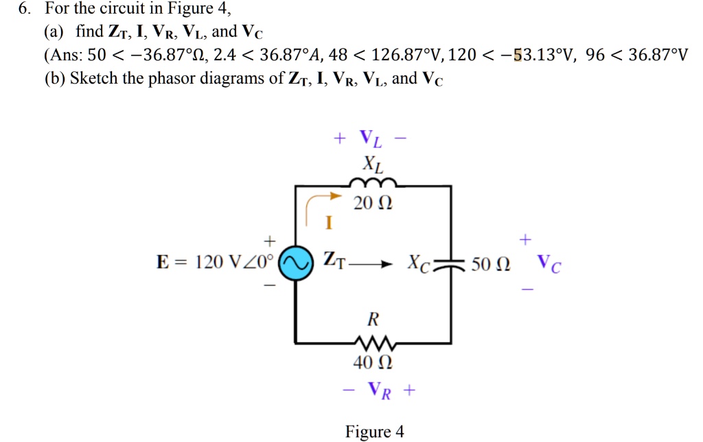 6. For the circuit in Figure 4,
(a) find ZT, I, VR, VL, and VC
(Ans: 50 < -36.87   deg;?, 2.4 < 36.87   deg;A, 48 < 126.87   deg;V, 120 < -53.13   deg;V, 96 < 36.87   deg;V
(b) Sketch the phasor diagrams of ZT, I, VR, VL, and VC
+ VL –
XL
20 ?
I
E = 120 V?0   deg;
ZT ? XC 50 ? + VC –
R
40 ?
– VR +
Figure 4