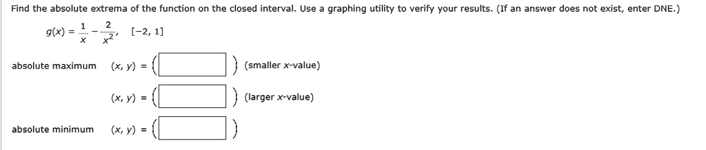 Find the absolute extrema of the function on the closed interval. Use a graphing utility to verify your results. (If an answer does not exist, enter DNE.)
g(x) = 1/x - 2/x^2,  [-2, 1]
absolute maximum (x, y) = ( ) (smaller x-value)
(x, y) = ( ) (larger x-value)
absolute minimum (x, y) = ( )