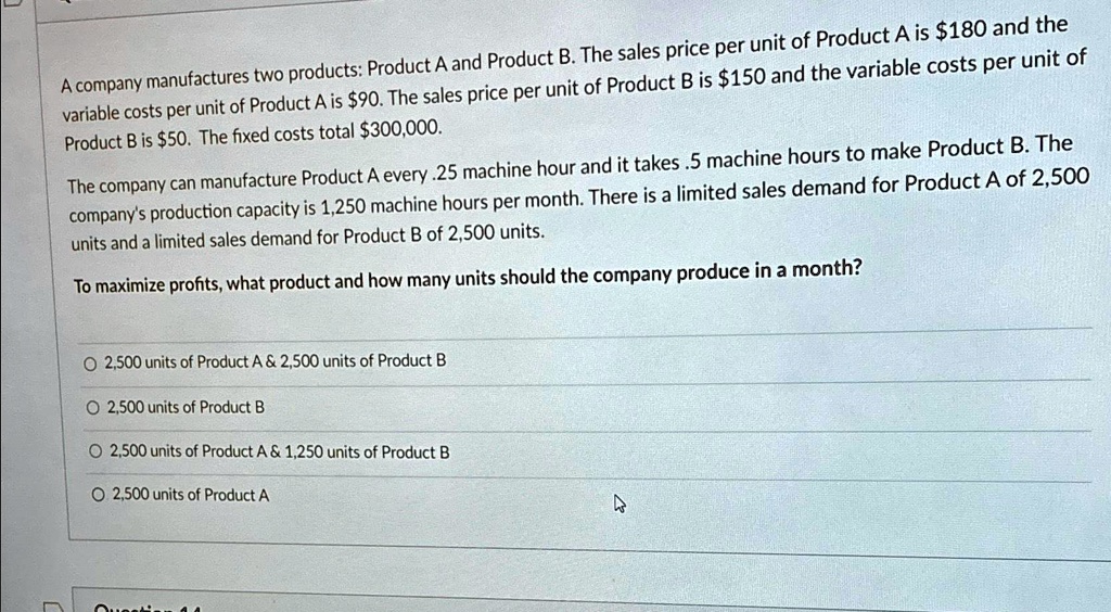 A company manufactures two products: Product A and Product B. The sales ...