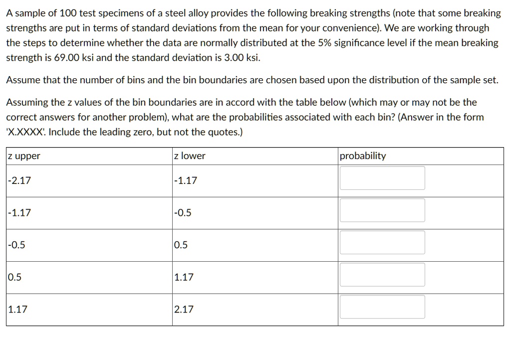 SOLVED A sample of 100 test specimens of a steel alloy provides the