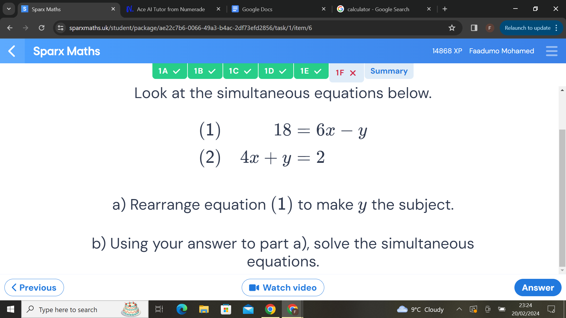 SOLVED: Sparx Maths Look at the simultaneous equations below. (1) 18=6 ...