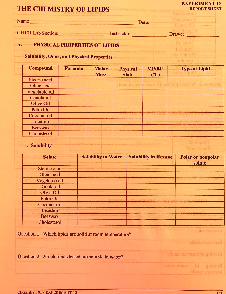 SOLVED EXPERIMENT 15 REPORT SHEET THE CHEMISTRY OF LIPIDS Name Date