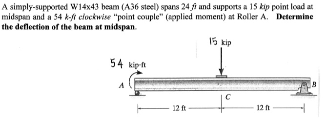 SOLVED: A simply-supported W14x43 beam (A36 steel) spans 24 ft and ...