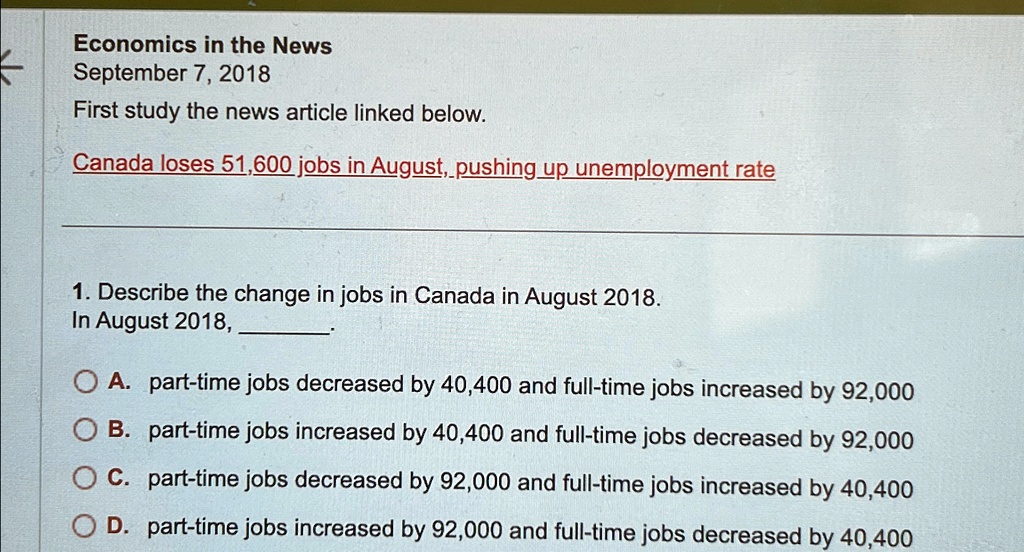 Economics in the News
September 7, 2018
First study the news article linked below.
Canada loses 51,600 jobs in August, pushing up unemployment rate
1. Describe the change in jobs in Canada in August 2018.
In August 2018,
A. part-time jobs decreased by 40,400 and full-time jobs increased by 92,000
B. part-time jobs increased by 40,400 and full-time jobs decreased by 92,000
C. part-time jobs decreased by 92,000 and full-time jobs increased by 40,400
D. part-time jobs increased by 92,000 and full-time jobs decreased by 40,400