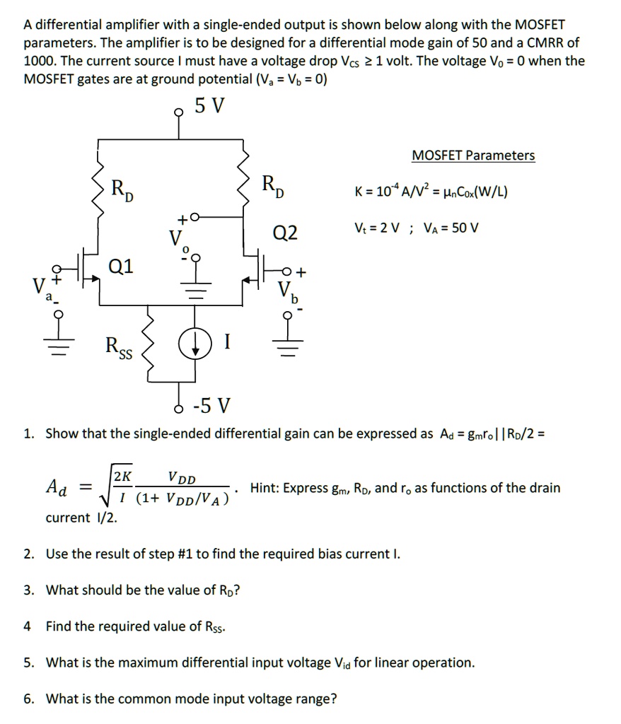 SOLVED: A differential amplifier with a single-ended output is shown ...