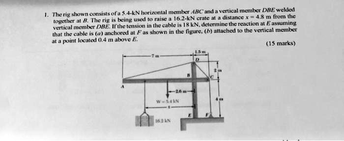 1. The rig shown consists of a 5.4-kN horizontal member ABC and a vertical member DBE welded together at B. The rig is being used to raise a 16.2-kN crate at a distance x = 4.8 m from the vertical member DBE. If the tension in the cable is 18 kN, determine the reaction at E assuming that the cable is (a) anchored at F as shown in the figure, (b) attached to the vertical member at a point located 0.4 m above E.