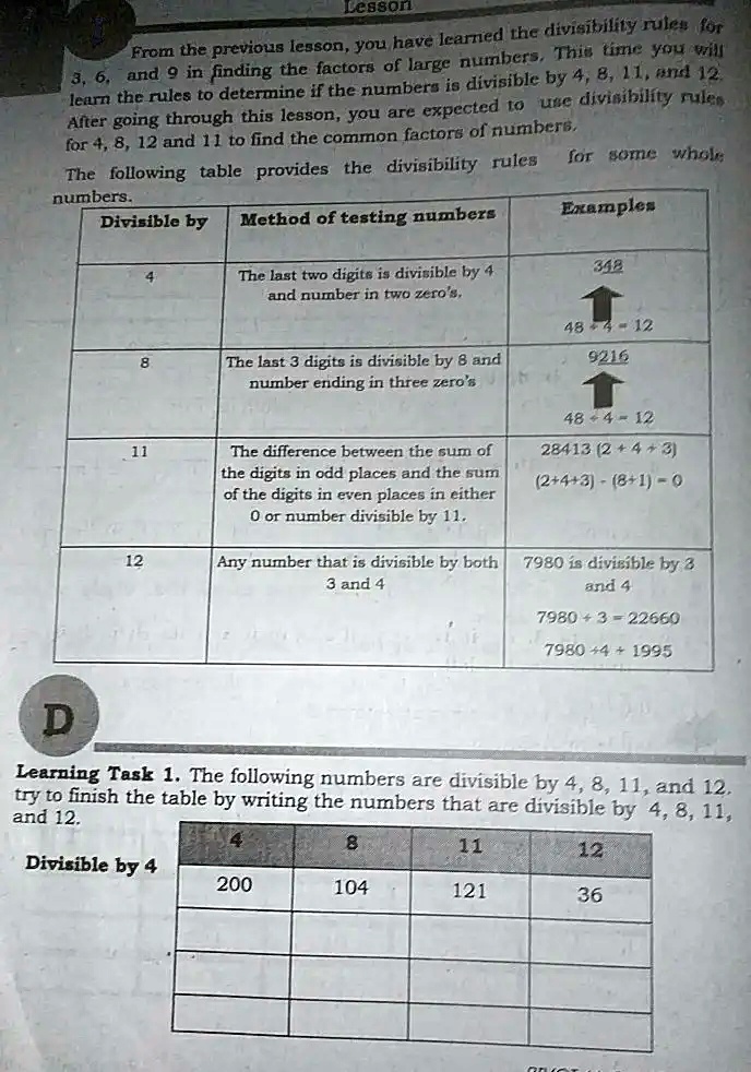 SOLVED: Legson In the divisibility rule for numbers, you have