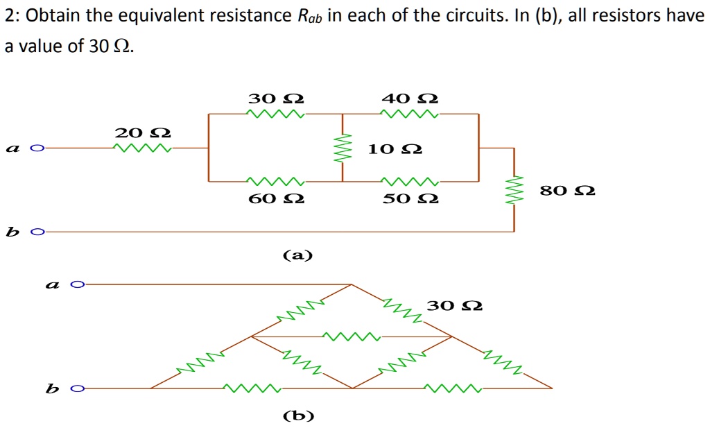 2: Obtain the equivalent resistance Rab in each of the circuits. In (b), all resistors have a value of 30 ?.