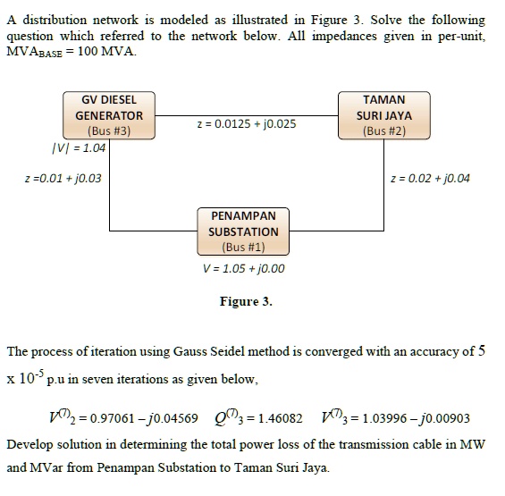 A distribution network is modeled as illustrated in Figure 3. Solve the following question which referred to the network below. All impedances given in per-unit, MVABASE = 100 MVA.
GV DIESEL GENERATOR (Bus #3)
|V| = 1.04
z = 0.01 + j0.03
z = 0.0125 + j0.025
TAMAN SURI JAYA (Bus #2)
PENAMPAN SUBSTATION (Bus #1)
V = 1.05 + j0.00
Figure 3.
z = 0.02 + j0.04
The process of iteration using Gauss Seidel method is converged with an accuracy of 5 x 10^-5 p.u in seven iterations as given below,
V(7)2 = 0.97061 - j0.04569 Q(7)3 = 1.46082 V(7)3 = 1.03996 - j0.00903
Develop solution in determining the total power loss of the transmission cable in MW and MVar from Penampan Substation to Taman Suri Jaya.