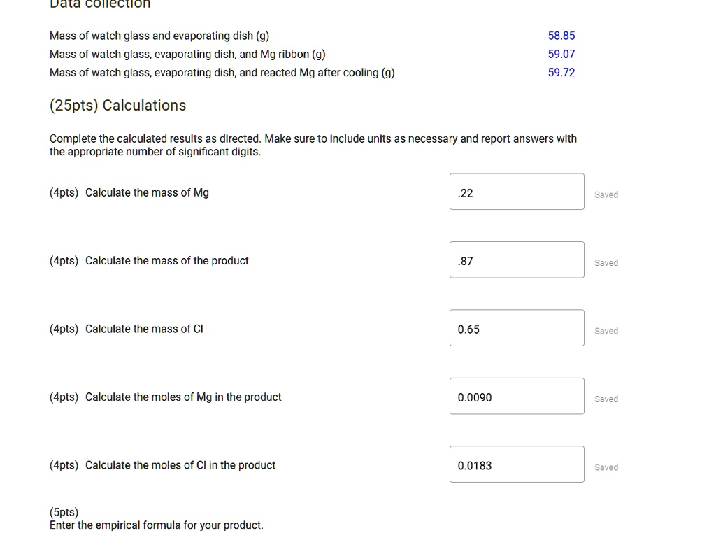 SOLVED Dala collection Mass of watch glass and evaporating dish (g