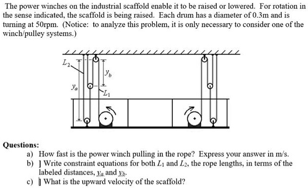The power winches on the industrial scaffold enable it to be raised or lowered. For rotation in the sense indicated, the scaffold is being raised. Each drum has a diameter of 0.3m and is turning at 50rpm. (Notice: to analyze this problem, it is only necessary to consider one of the winch/pulley systems.)
Questions:
a) How fast is the power winch pulling in the rope? Express your answer in m/s.
b) Write constraint equations for both L1 and L2, the rope lengths, in terms of the labeled distances, ya and yb.
c) What is the upward velocity of the scaffold?
