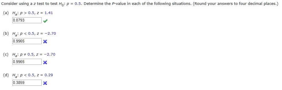 Consider using a z test to test H0: p = 0.5. Determine the P-value in each of the following situations. (Round your answers to four decimal places.)
(a) Ha: p > 0.5, z = 1.41
0.0793
(b) Ha: p < 0.5, z = -2.70
0.9965
(c) Ha: p ? 0.5, z = -2.70
0.9965
(d) Ha: p < 0.5, z = 0.29
0.3859