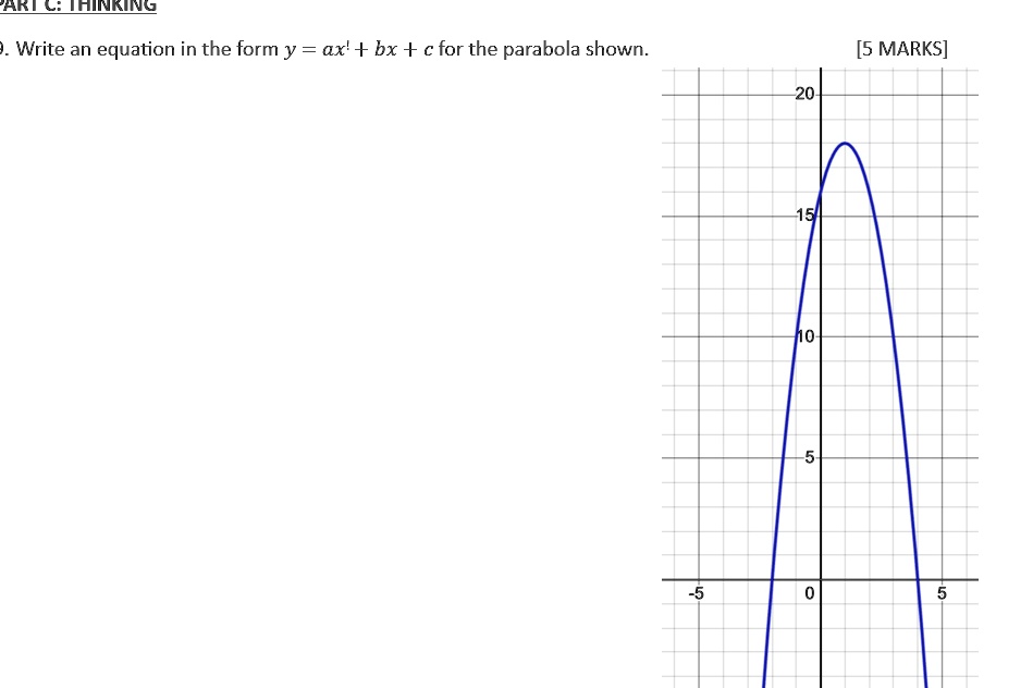 part c thinking 9 write an equation in the form y ax2 bx c for the parabola shown 5 marks 62095