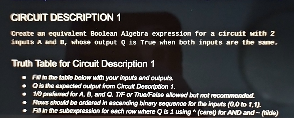 circuit description 1 create an equivalent boolean algebra expression ...