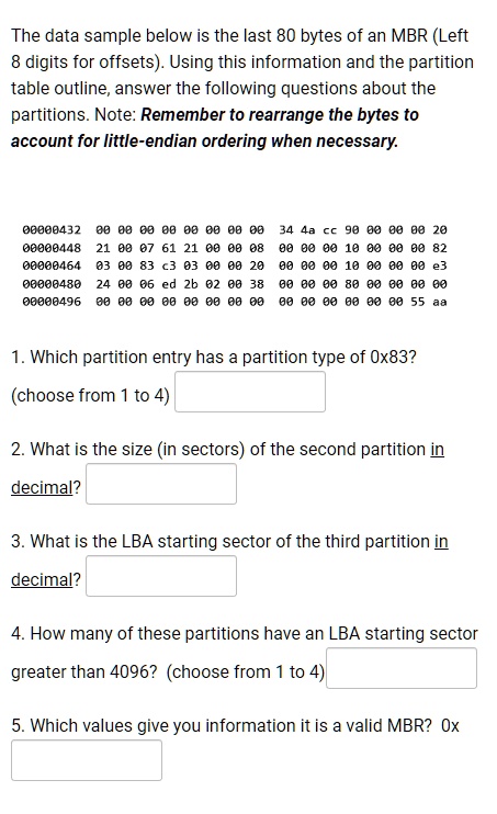 The data sample below is the last 80 bytes of an MBR (Left 8 digits for ...