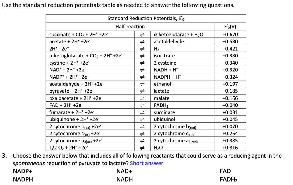 SOLVED Use the standard reduction potentials table as needed to answer