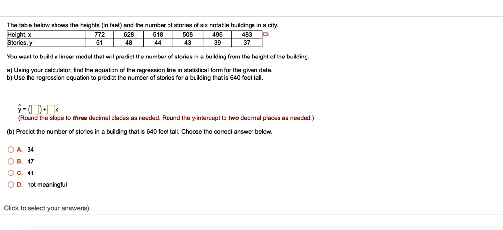 The table below shows the heights (in feet) and the number of stories of six notable buildings in a city.
Height, x 772 628 518 508 496 483
Stories, y 51 48 44 43 39 37
You want to build a linear model that will predict the number of stories in a building from the height of the building.
a) Using your calculator, find the equation of the regression line in statistical form for the given data.
b) Use the regression equation to predict the number of stories for a building that is 640 feet tall.
y = ( ) + ( )x
(Round the slope to three decimal places as needed. Round the y-intercept to two decimal places as needed.)
(b) Predict the number of stories in a building that is 640 feet tall. Choose the correct answer below.
A. 34
B. 47
C. 41
D. not meaningful
Click to select your answer(s).