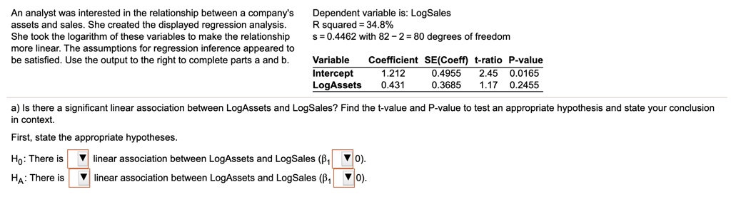 An analyst was interested in the relationship between a company's assets and sales. She created the displayed regression analysis. She took the logarithm of these variables to make the relationship more linear. The assumptions for regression inference appeared to be satisfied. Use the output to the right to complete parts a and b.

Dependent variable is: LogSales
R squared = 34.8%
s = 0.4462 with 82 – 2 = 80 degrees of freedom

Variable Coefficient SE(Coeff) t-ratio P-value
Intercept 1.212 0.4955 2.45 0.0165
LogAssets 0.431 0.3685 1.17 0.2455

a) Is there a significant linear association between LogAssets and LogSales? Find the t-value and P-value to test an appropriate hypothesis and state your conclusion in context.

First, state the appropriate hypotheses.

H0: There is linear association between LogAssets and LogSales (?1 0).
HA: There is linear association between LogAssets and LogSales (?1 0).