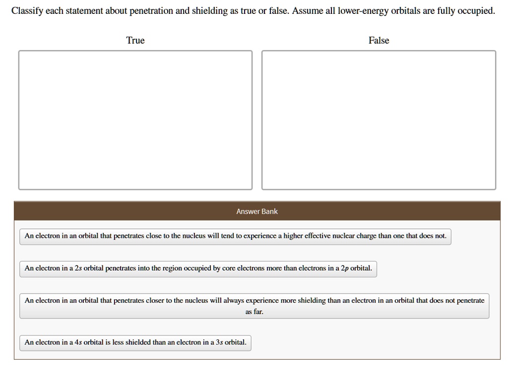 SOLVED Classify each statement about and shielding as true