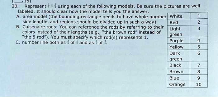 20. Represent (2)/(15)×(5)/(8) using each of the following models. Be sure the pictures are well
labeled. It should clear how the model tells you the answer.
A. area model (the bounding rectangle needs to have whole number White
side lengths and regions should be divided up in such a way)
B. Cuisenaire rods: You can reference the rods by referring to their
colors instead of their lengths (e.g., ẗhe brown rodïnstead of
ẗhe 8 rod)̈. You must specify which rod(s) represents 1.
C. number line both as (2)/(15) of (5)/(8) and as (5)/(8) of (2)/(15).
1
Red
2
Light
green
3
Purple
4
Yellow
5
Dark
green
6
Black
7
Brown
8
Blue
9
Orange 10