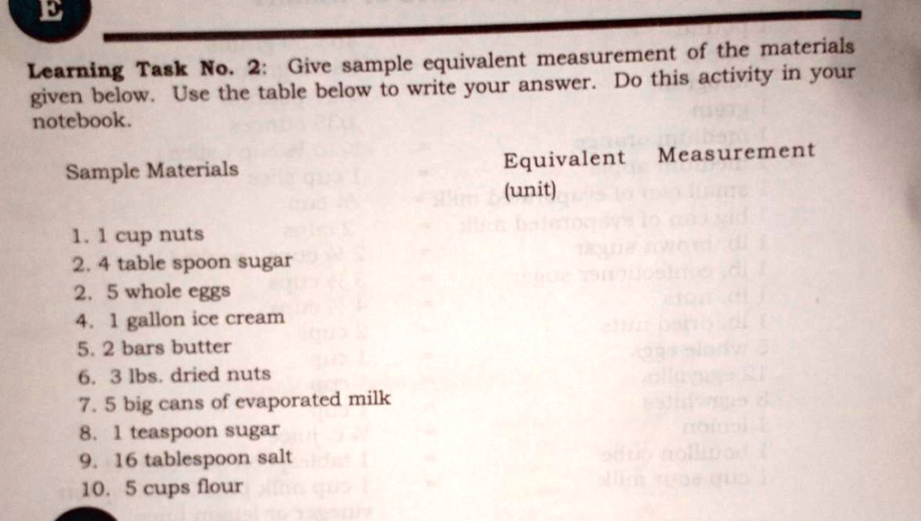 Learning Task No. 2 Give sample equivalent measurements of the